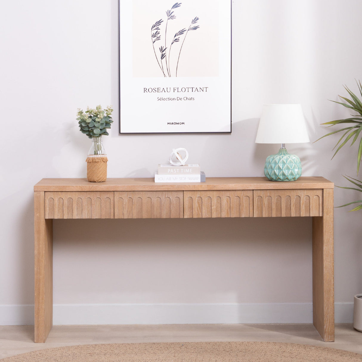 Modern Console Table with 4 Drawers – 59.2 Entryway Table in Natural Wood Finish