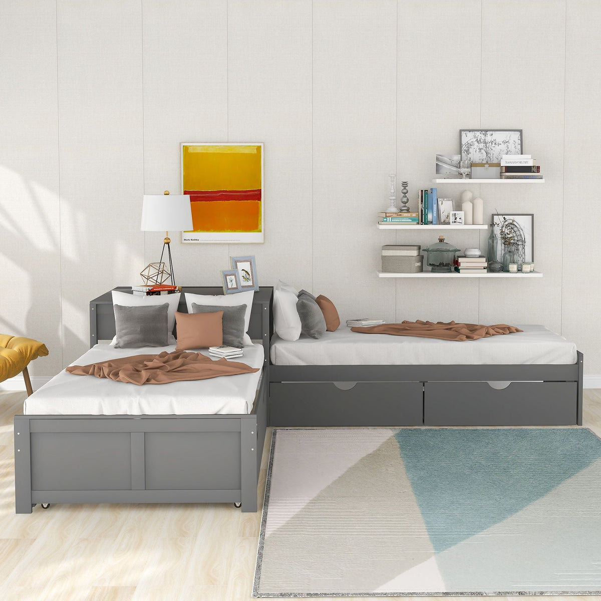 L Shaped Platform Bed With Trundle And Drawers Linked With Built In Desk