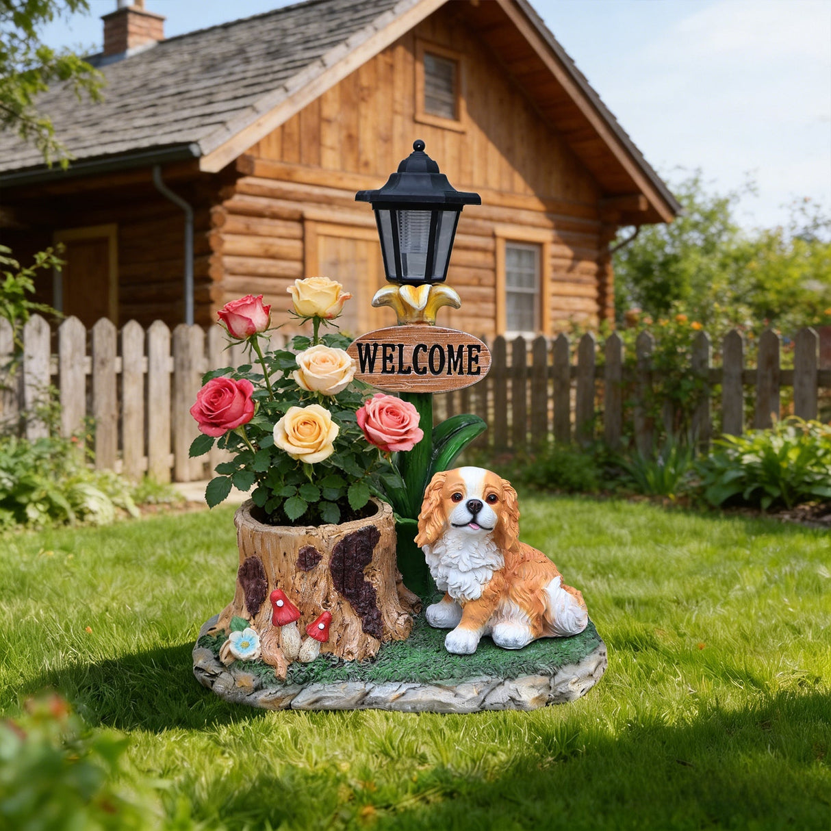 Sitting Dog Solar Lantern Planter Statue