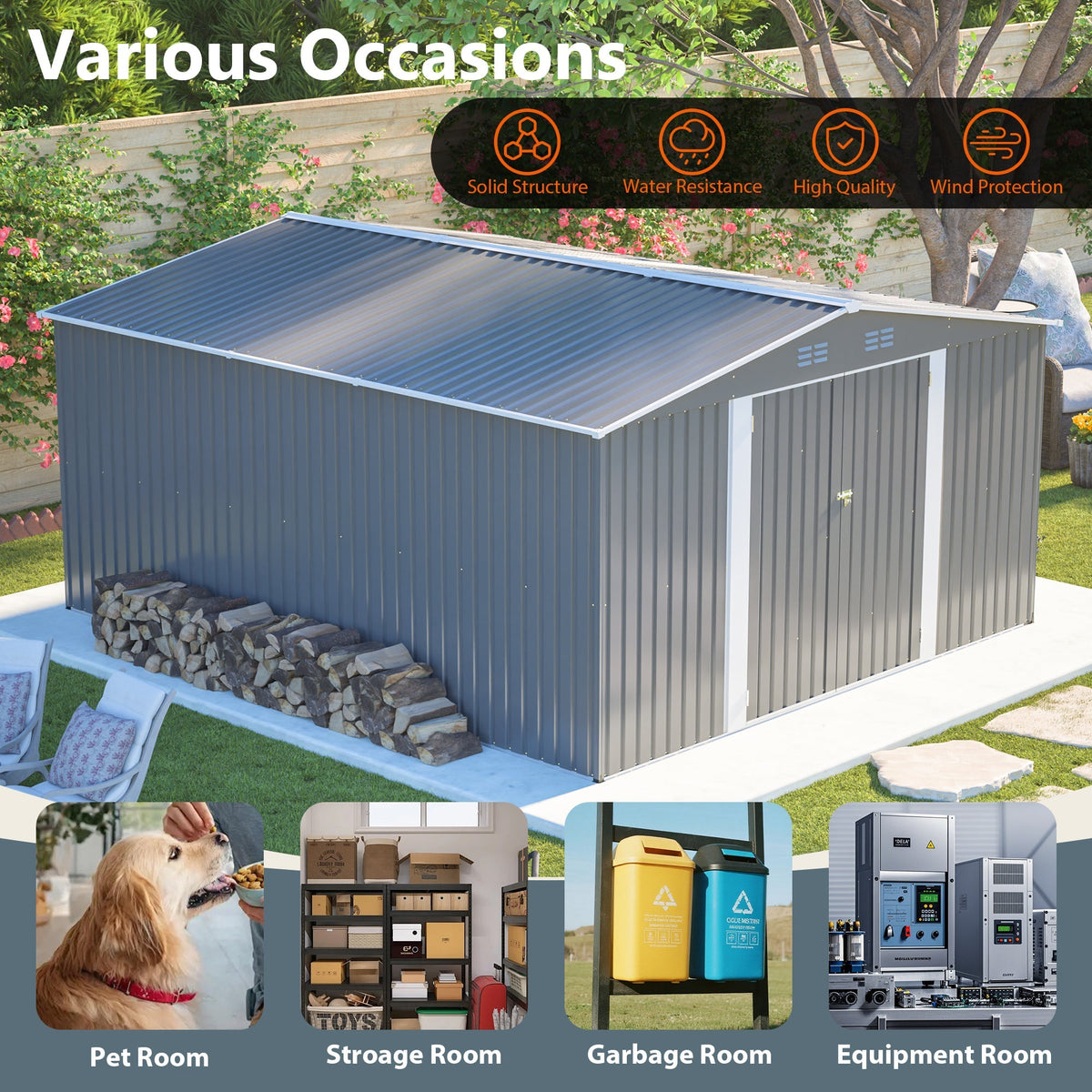 12×14 ft Outdoor Metal Storage Shed with Lockable Double Doors - Gray