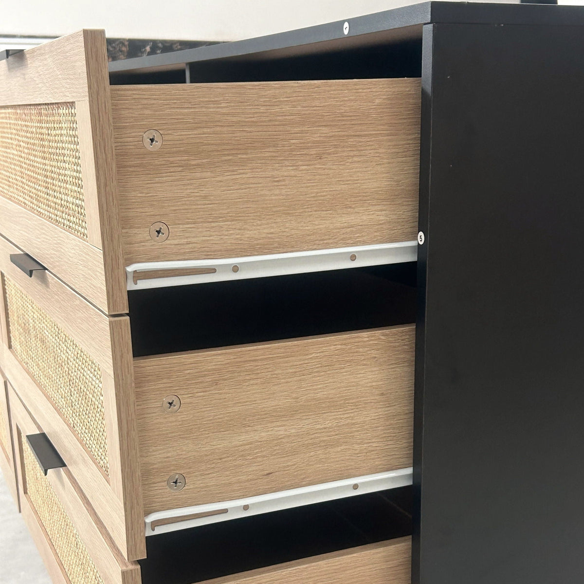 6 Drawer Storage Cabinet with Modern Rattan Drawers - Light Brown, Black, or White