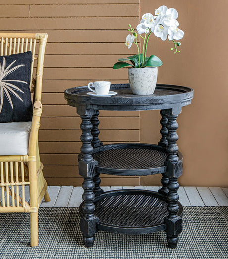 23.5-x-25'-Round-Three-Tiered-Side-Table-with-Rattan-Shelf,-Black-Side-Tables