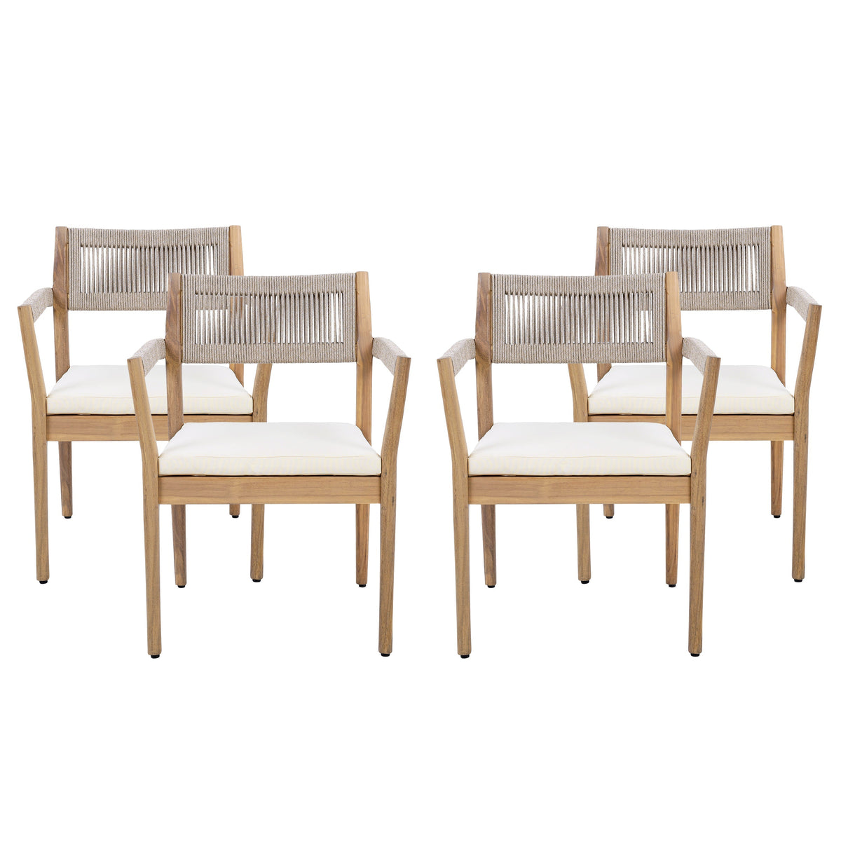 Braided Acacia Wood Outdoor Dining Chairs Set of 2 β Teak Look with Beige Rope & Cream Cushions