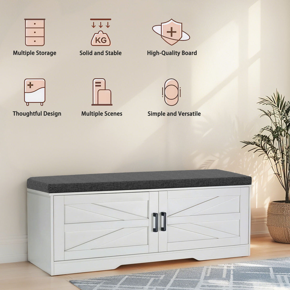 2 Tier Shoe Bench With Padded Seat, 2 Barn Doors And Adjustable Shelves, For Entryway And Living Room - White