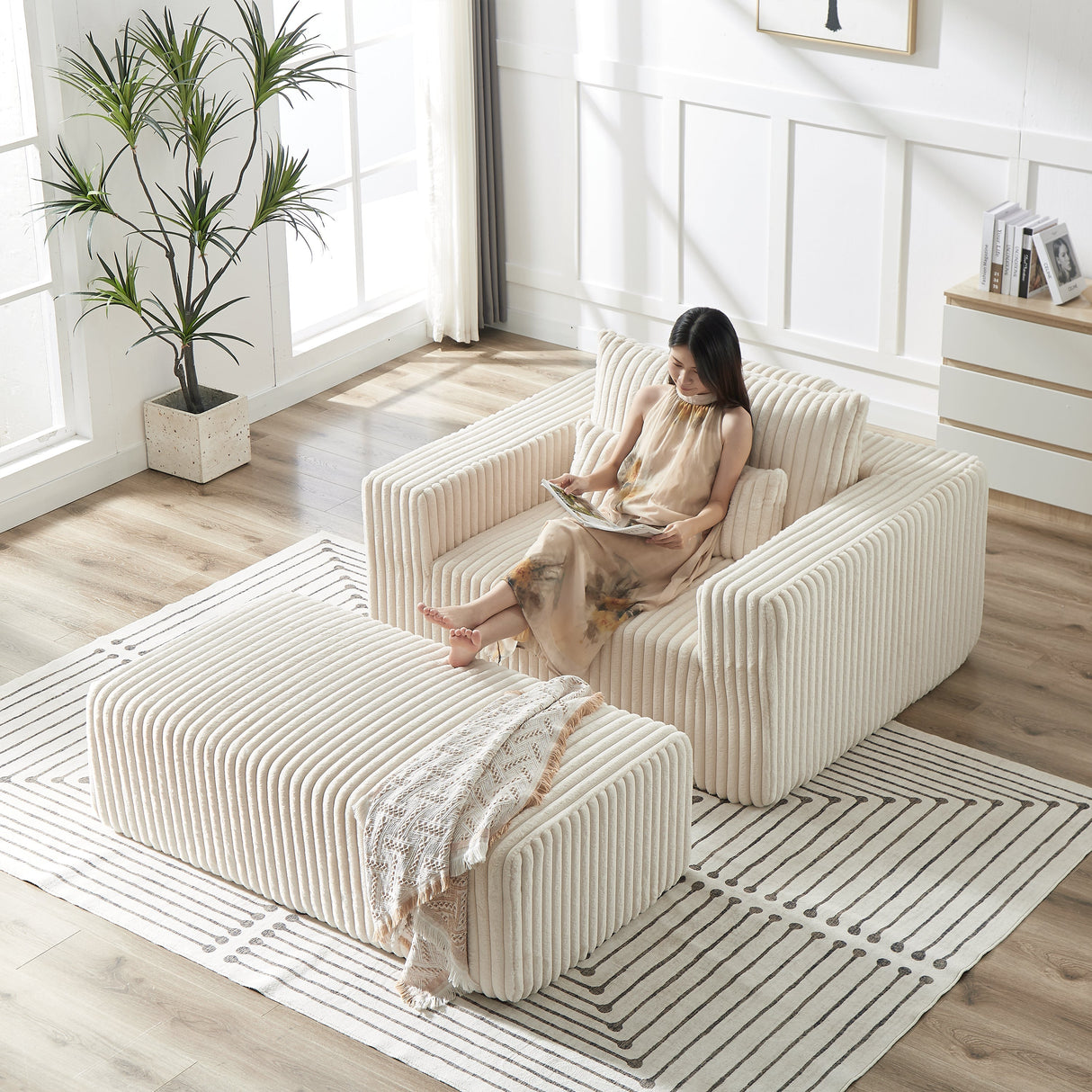 75-Inch Corduroy Sofa Lounge Chair with Removable Footrest