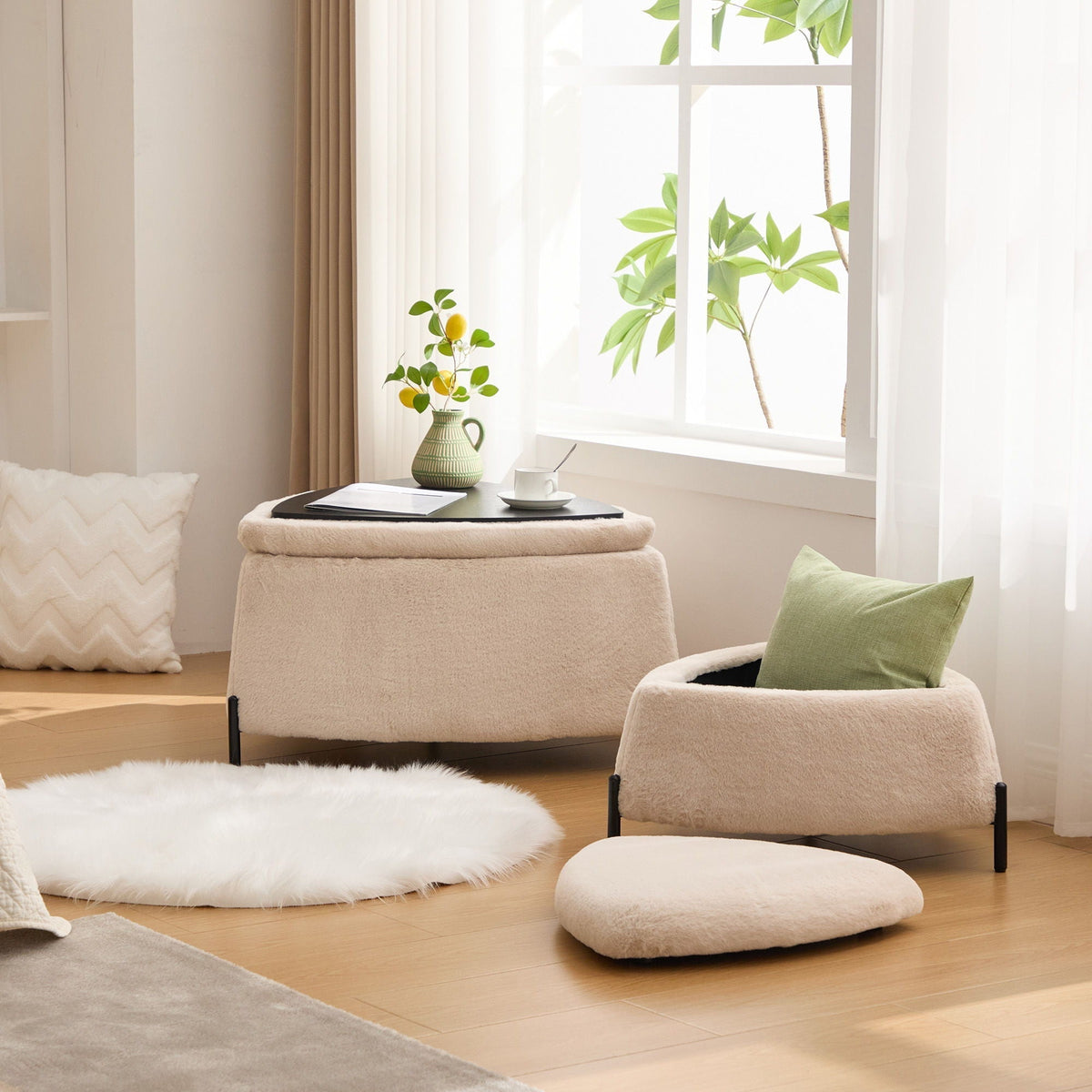 Upholstered Storage Ottoman Set With Reversible Lid