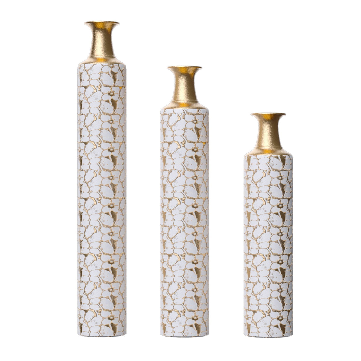 Large Decorative Floor Vases Set of 3 with Antique White & Gold Finish