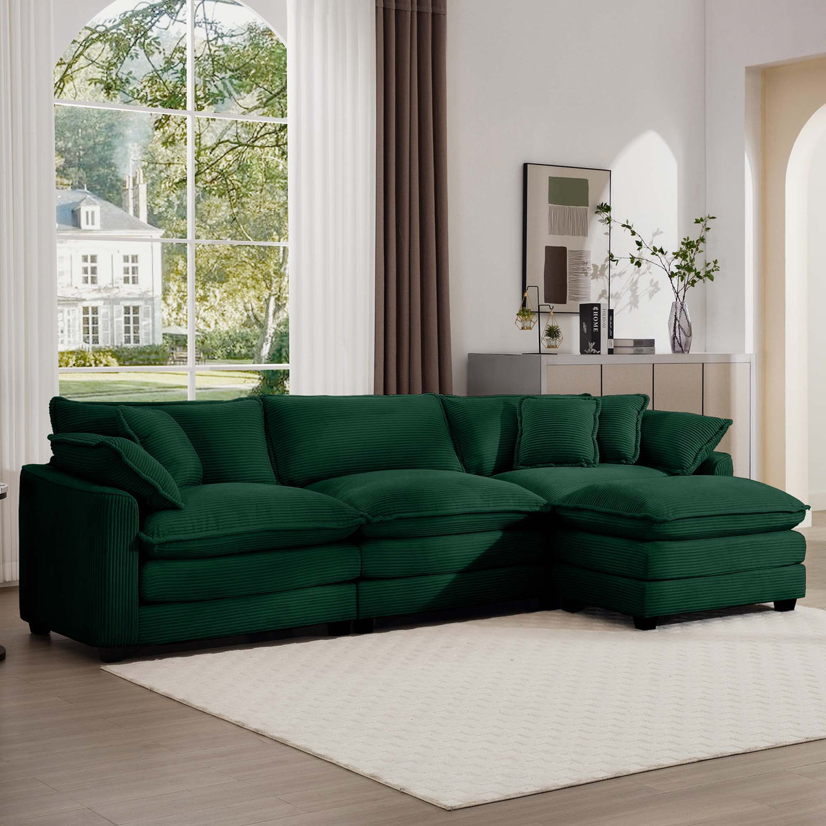 Modern Modular Cushion Sofa Set with Ottoman - Fabric, Multiple Colors