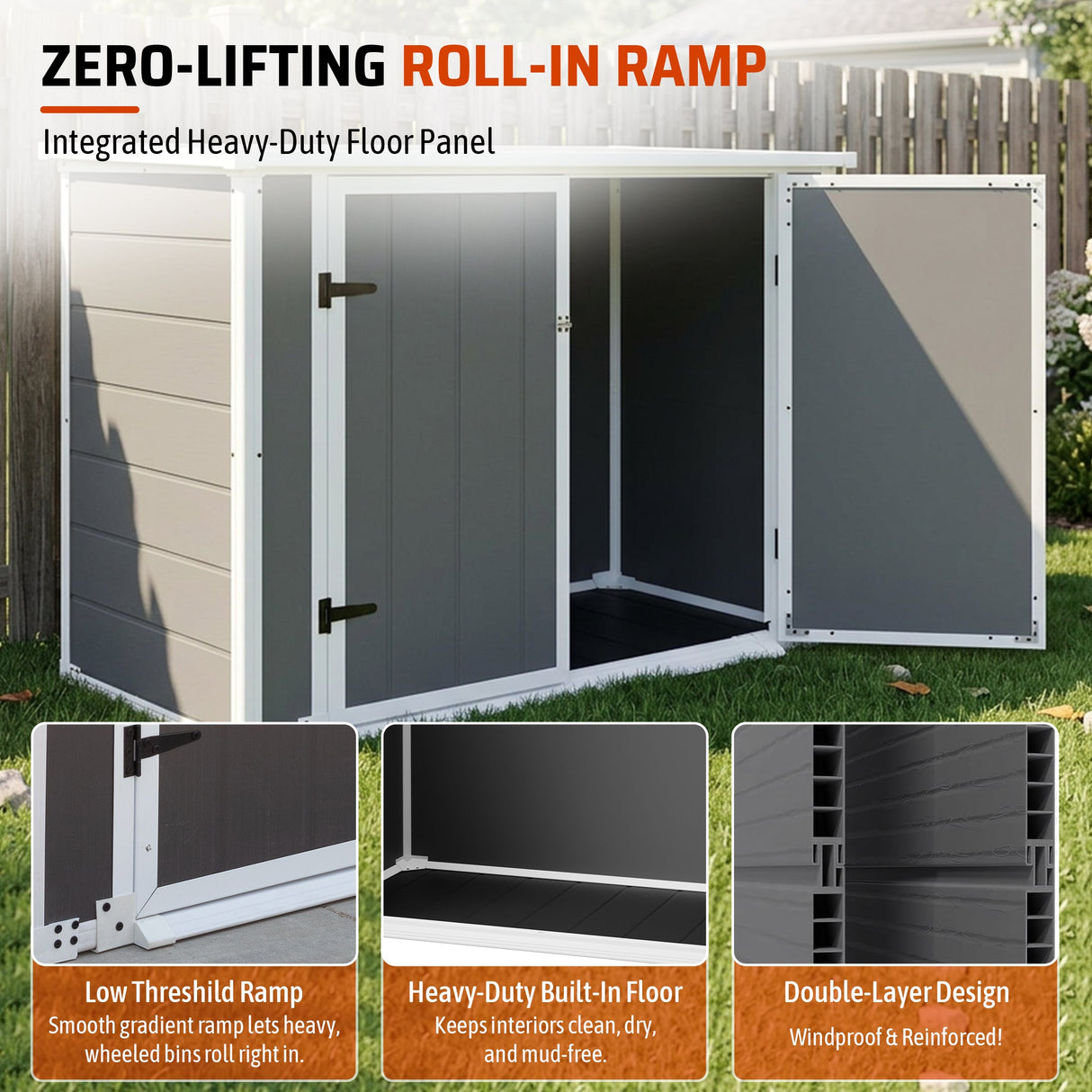 Horizontal Outdoor Storage Shed with Ramp & Hydraulic Lid