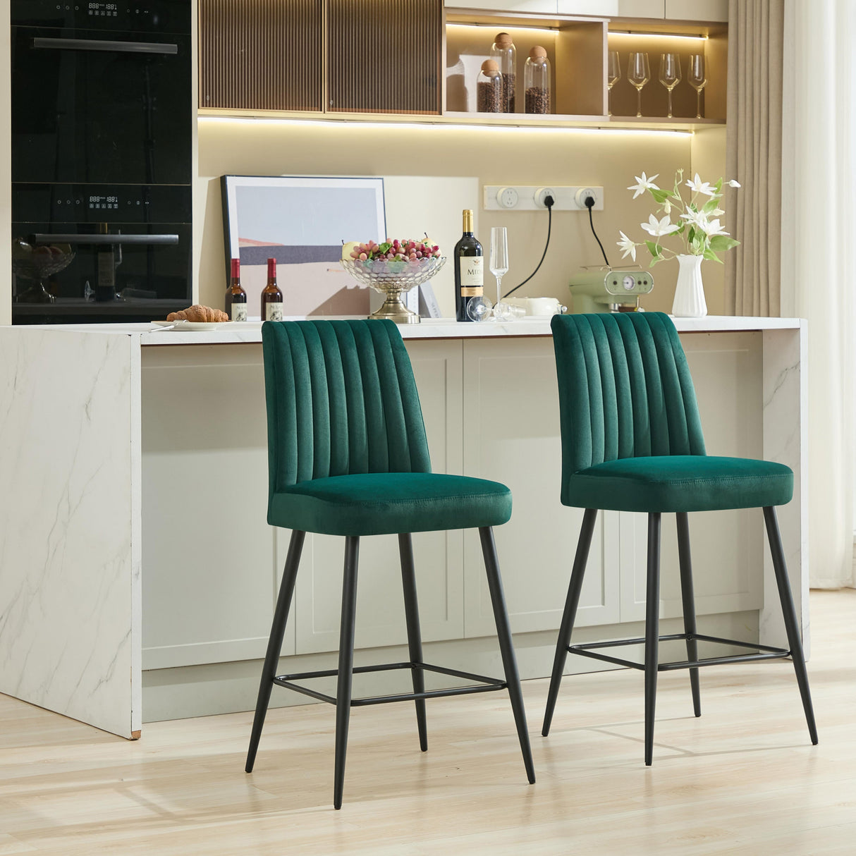 Adjustable Iron Feet Velvet Green Bar Chairs Set of 2