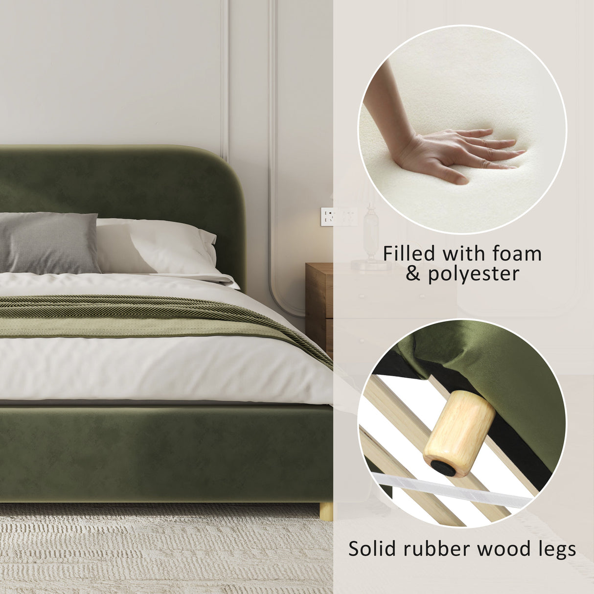 King Size Platform Bed with Velvet Fabric and Curved Headboard