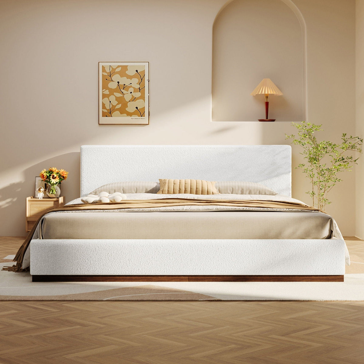 Elegant Boucle Upholstered Bed with Wood Grain Textured Solid Wood Base Frame