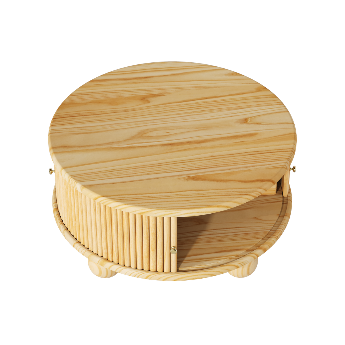 Round Fluted Coffee Table with Storage - Pine Solid Wood