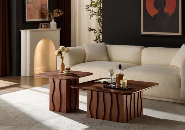 2PCS Nesting Square Coffee Table Mid-Century Wavy Fluted Base