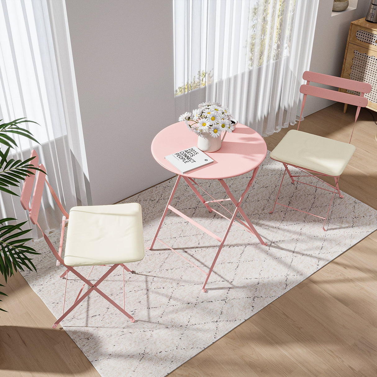 3 Pieces Patio Bistro Balcony Metal Chair Table Set - Pink