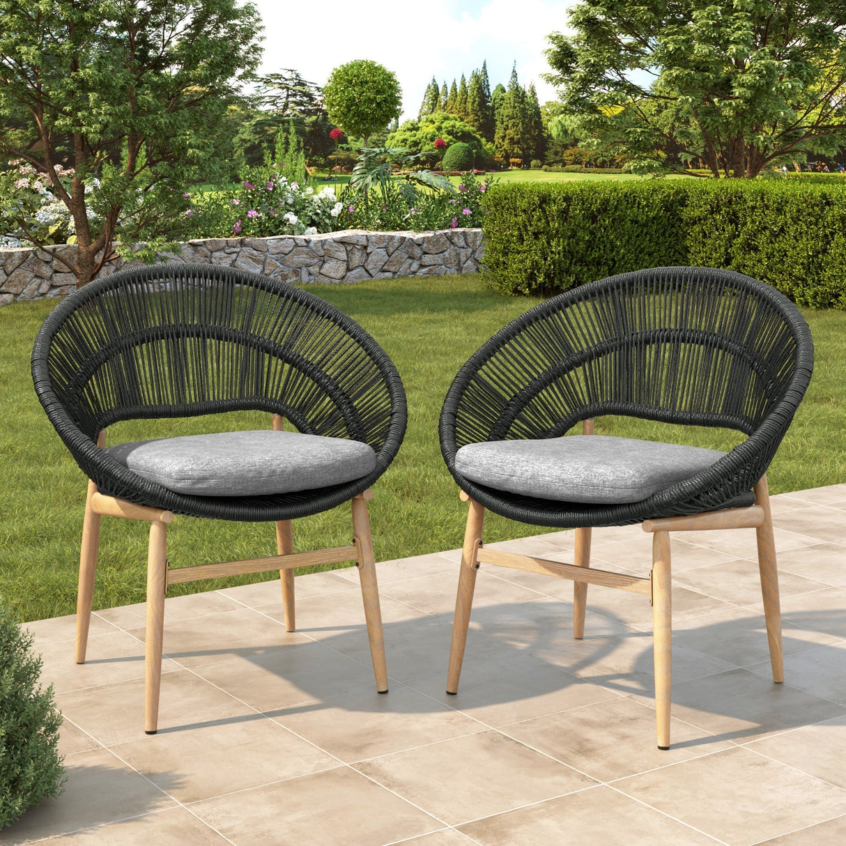 Cyril Outdoor Wicker Papasan Style Dining Chair with Teak Finished Leg and Dark Gray Faux Rattan - Set of 2