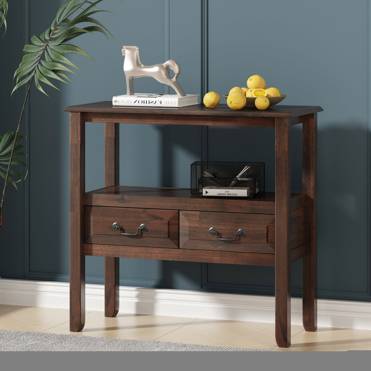 End Table in Brown Acacia Wood with Drawers