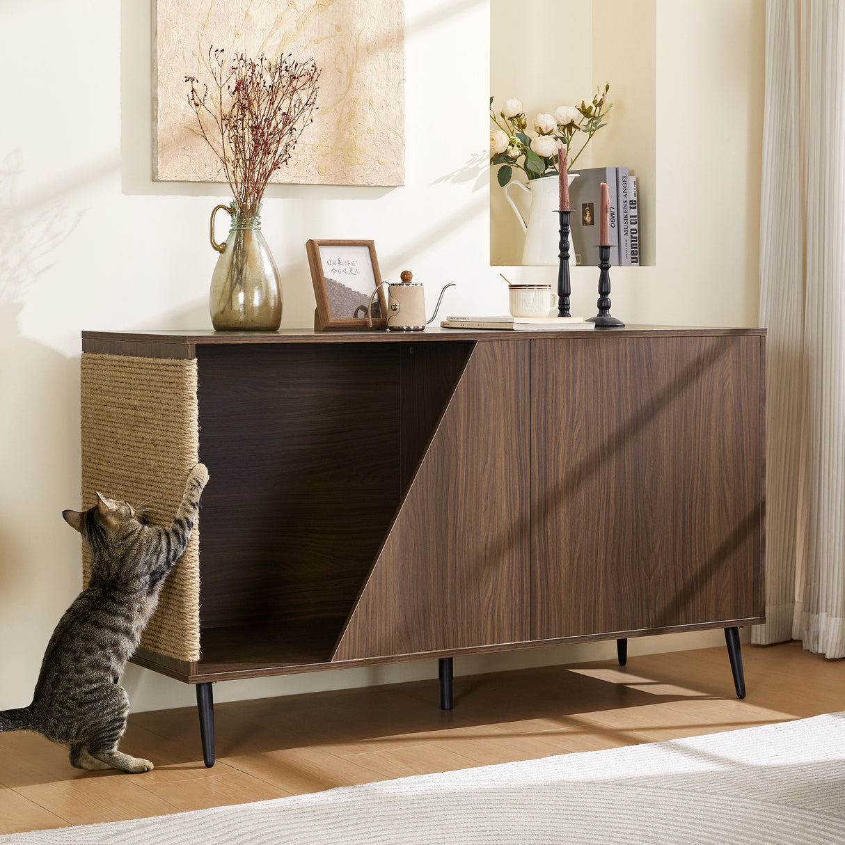 Cat-Furniture-2-IN-1-Modern-Walnut-Cabinet-Side-Table-With-Spring-Loaded-Door-