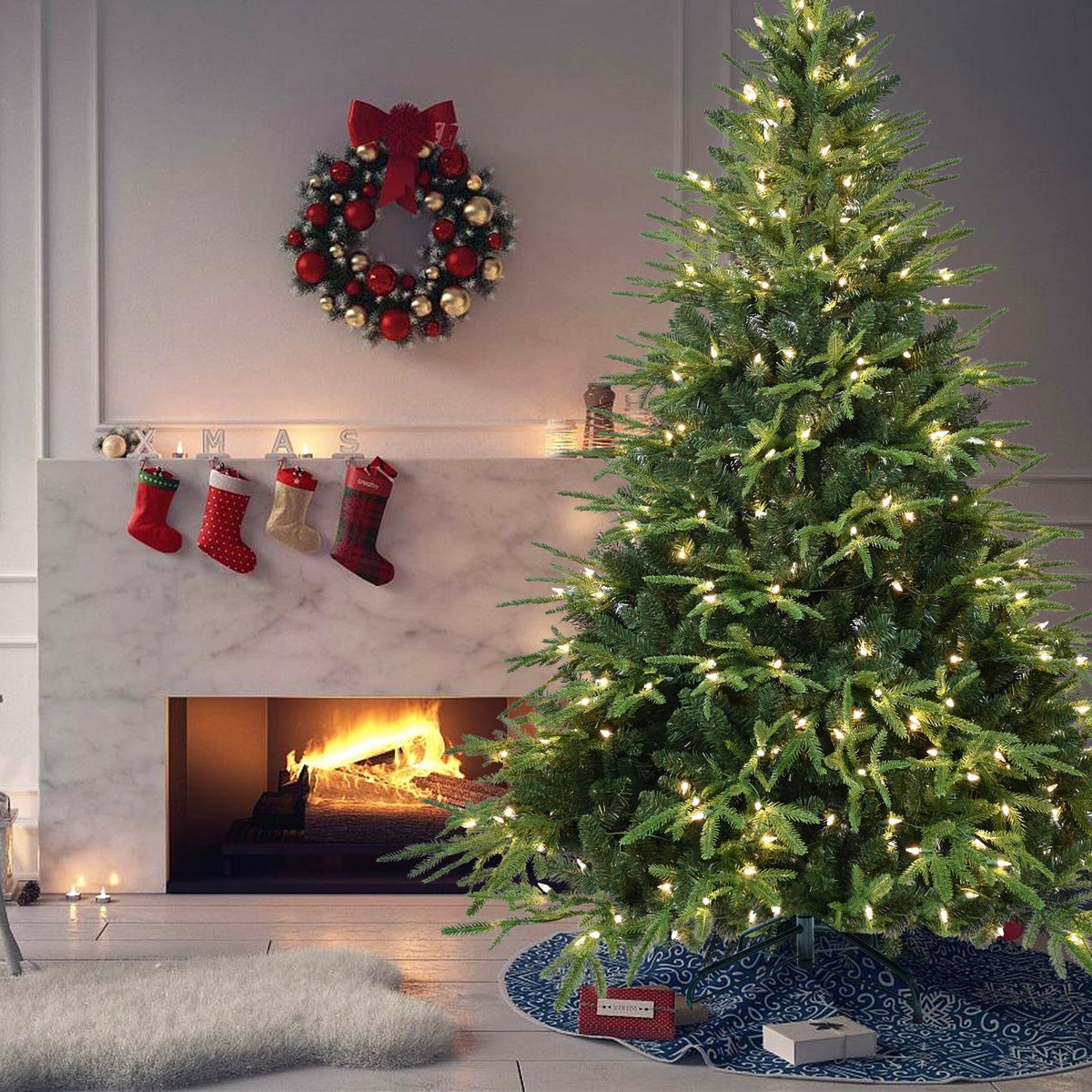 6.5ft Pre-Lit Artificial Christmas Tree with Full Branches and 450 Warm Lights