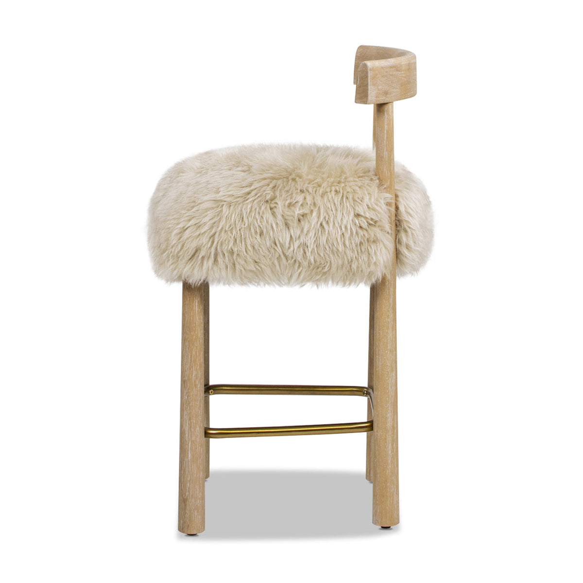Genuine Fur Counter Height Bar Stool with Brass Footrest - Light Wood