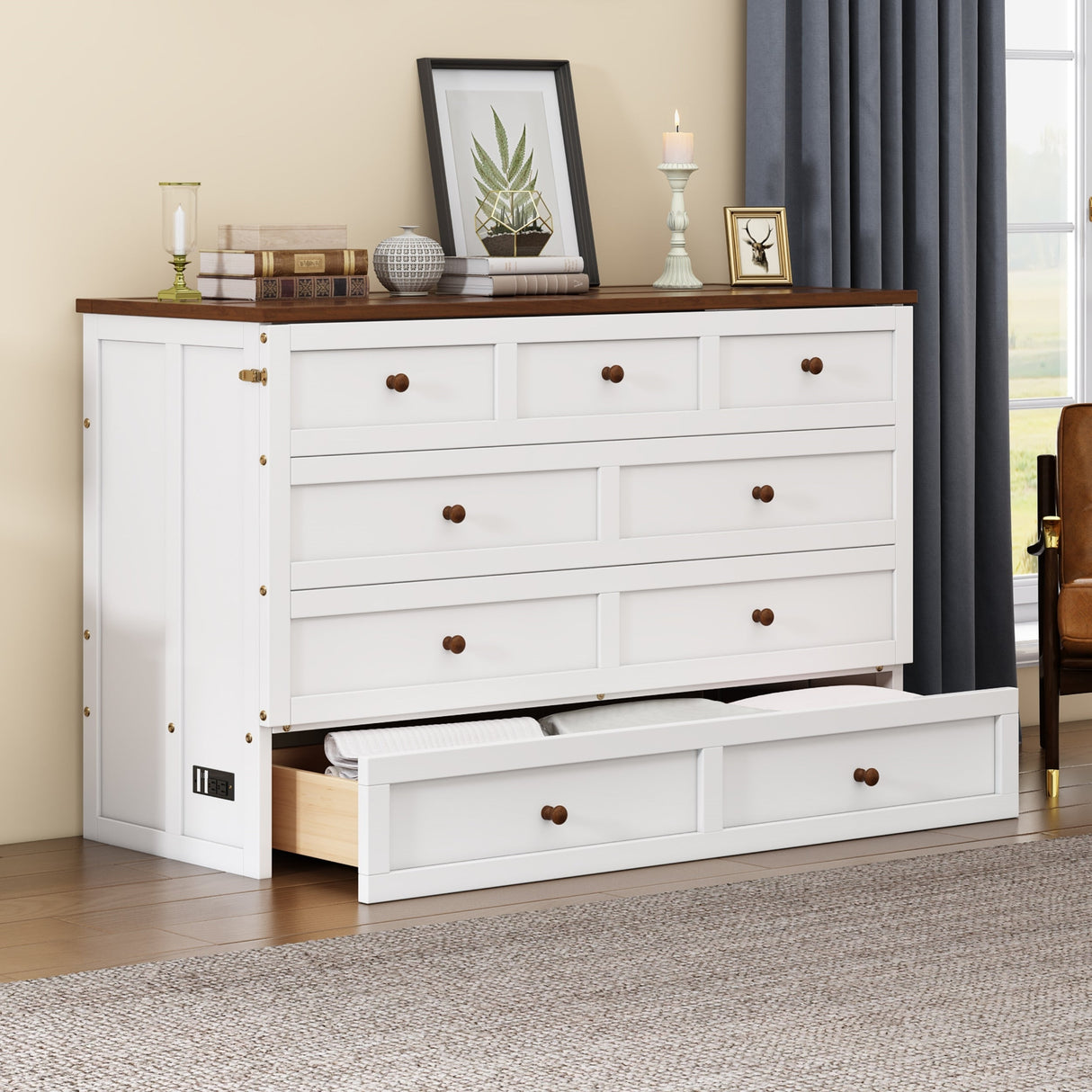 Solid Pine Murphy Bed Chest with Charging Station and Large Storage Drawer - Queen - White+Walnut