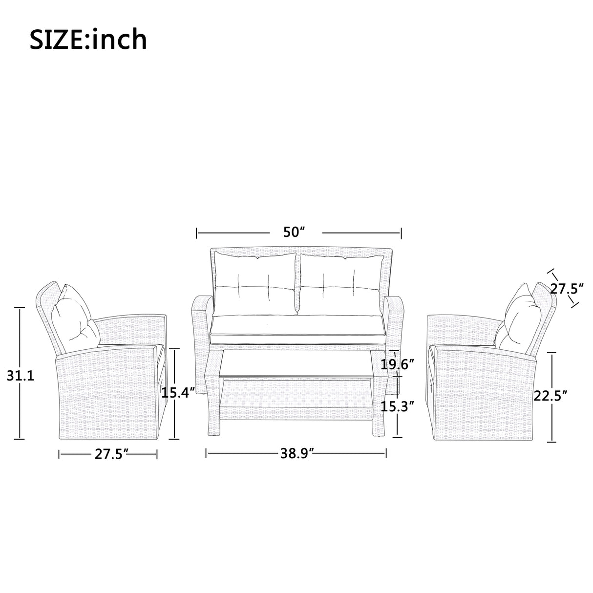 U-Style Patio Furniture 4 Piece Outdoor Wicker Sectional Sofa Set with Ottoman and Cushions