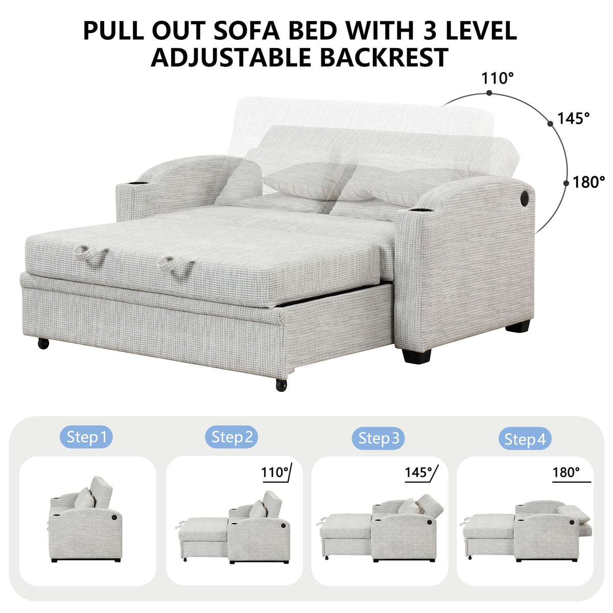 Pull Out Loveseat Sofa With Adjsutable Backrest, 2 Pillows, Cup Holders, USB Ports For Living Room