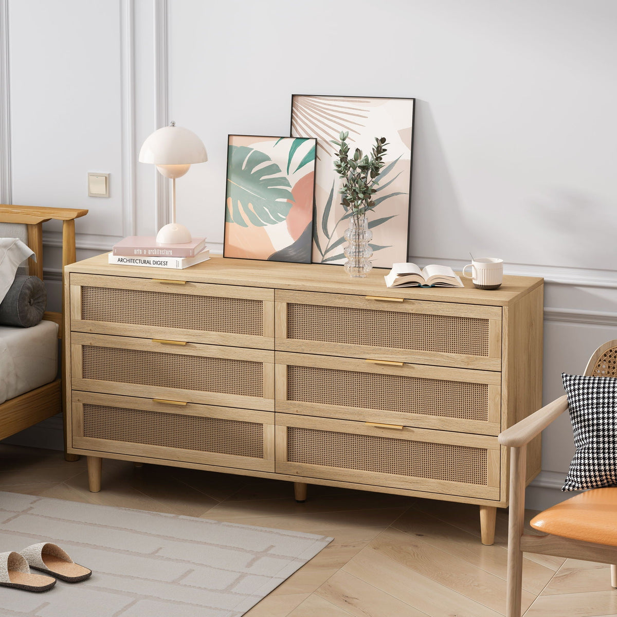 6 Drawer Storage Cabinet with Modern Rattan Drawers - Light Brown, Black, or White
