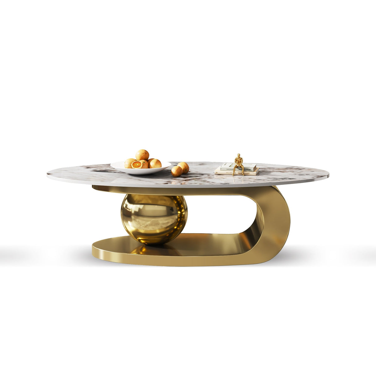 49.2 Inches Oval Faux Marble Coffee Table for Living Room with Stainless Steel Base