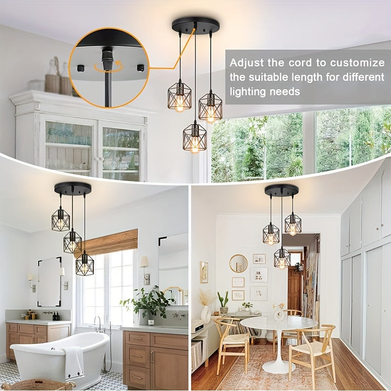 Industrial Farmhouse Pendant Light – Adjustable Metal Cage Fixture for Kitchen