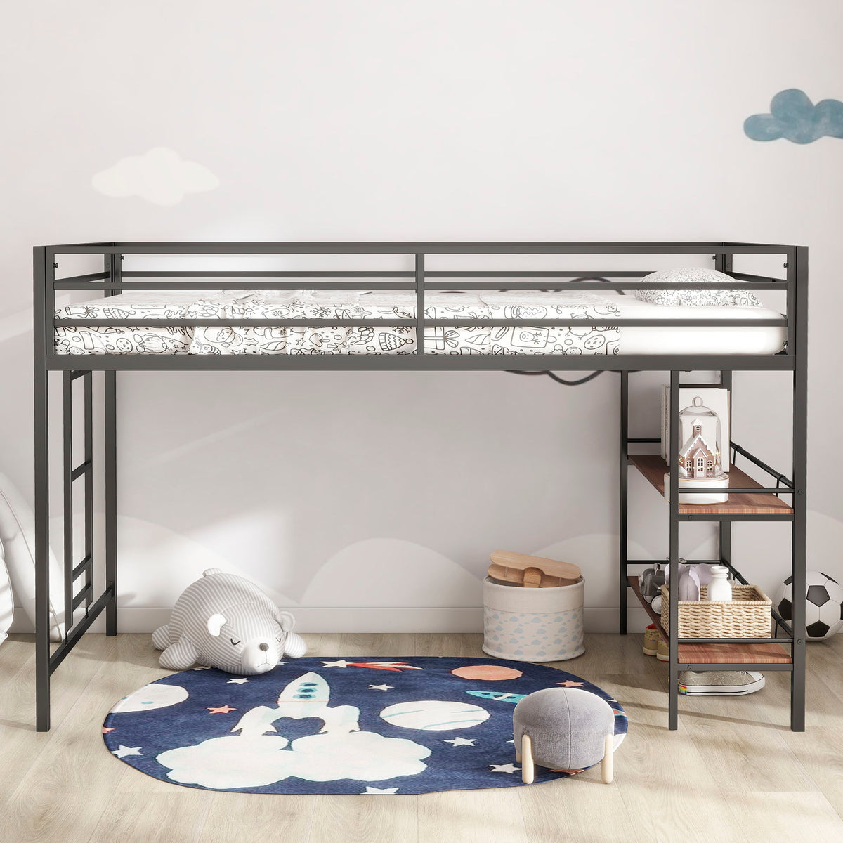 Adam - Twin Loft Bunk Bed With Cinnamon Wood Shelf - Black