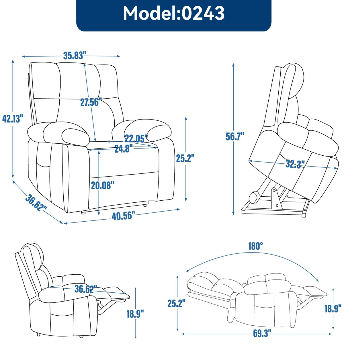 Blue Heat Massage Dual Motor Lift Recliner Chair with Electric Heat - Blue