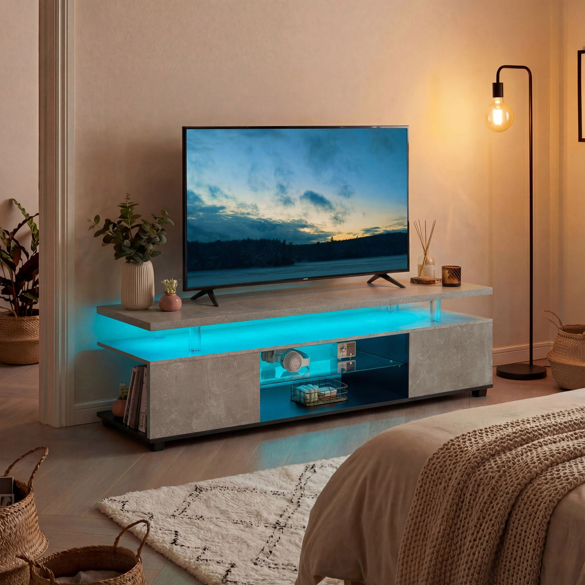 TV Stant With LED And Large Side Cabinet