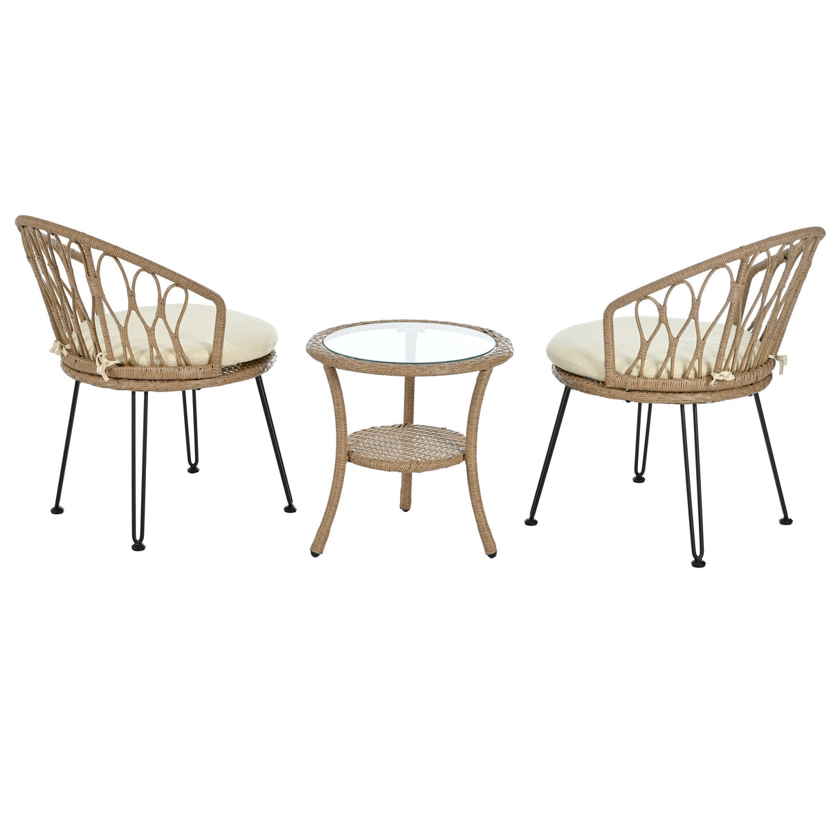 U_STYLE Outdoor Leisure Set, 2 Rattan Single Chairs with Glass Round Table