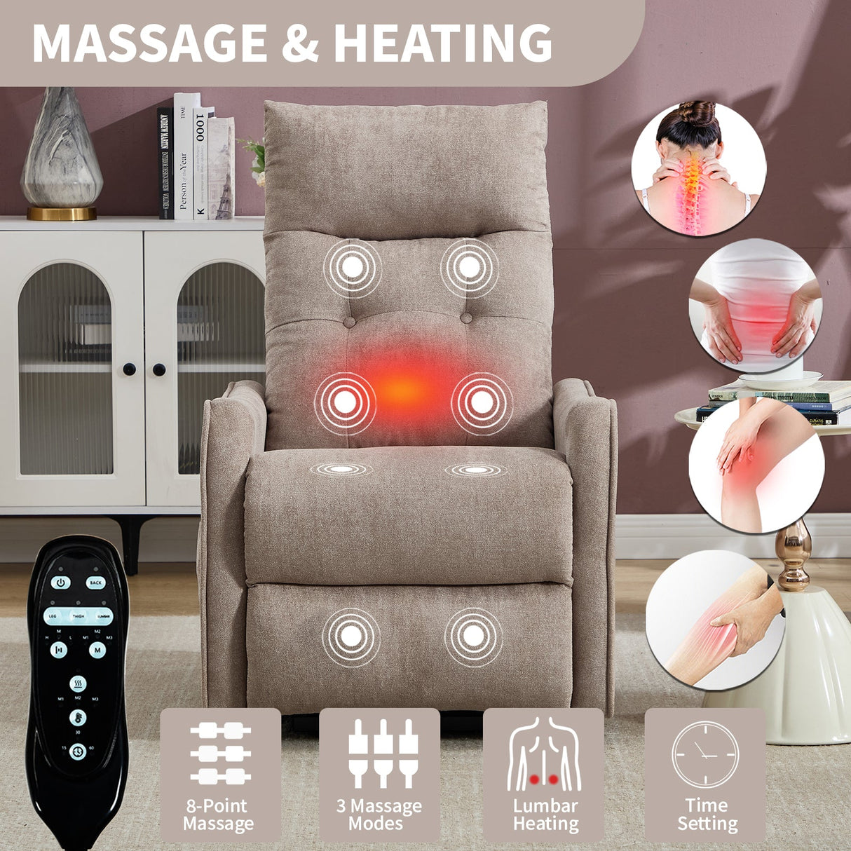 Khaki Chenille Power Lift Recliner Chair with Massage and Heat