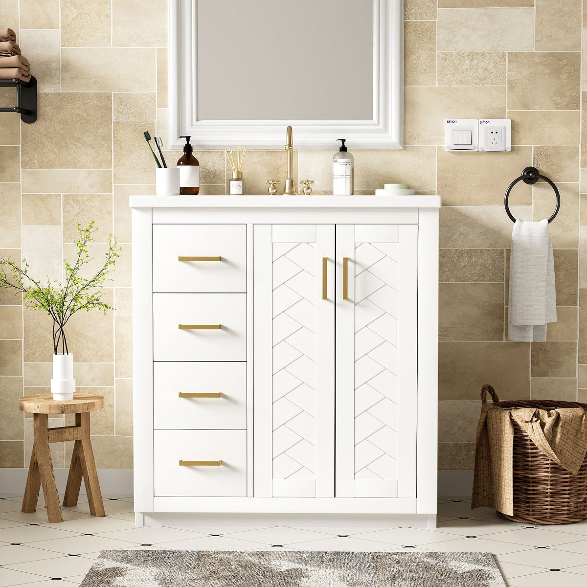 Ceramic Sink Combo, Freestanding Vanity Set With 3 Drawers & Soft Closing Doors