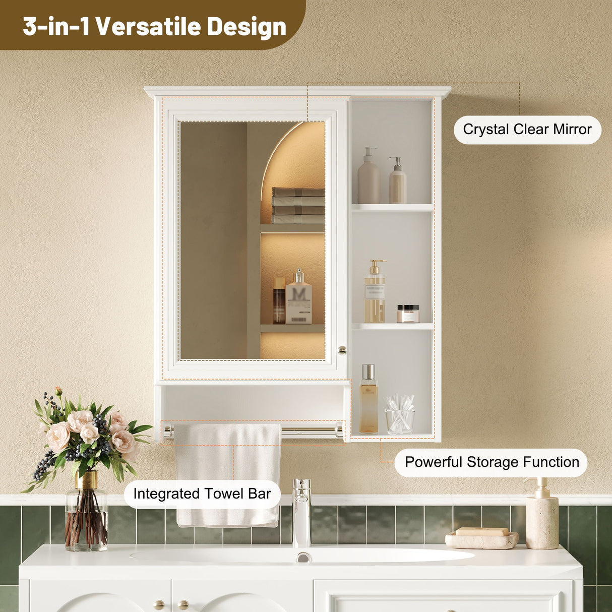 Modern 3 In 1 Bathroom Mirror Cabinet With Adjustable Shelf & Towel Bar