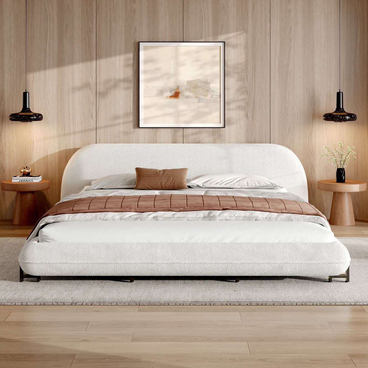 California King Size Bed Frame with Boucle Fabric and Thick Headboard