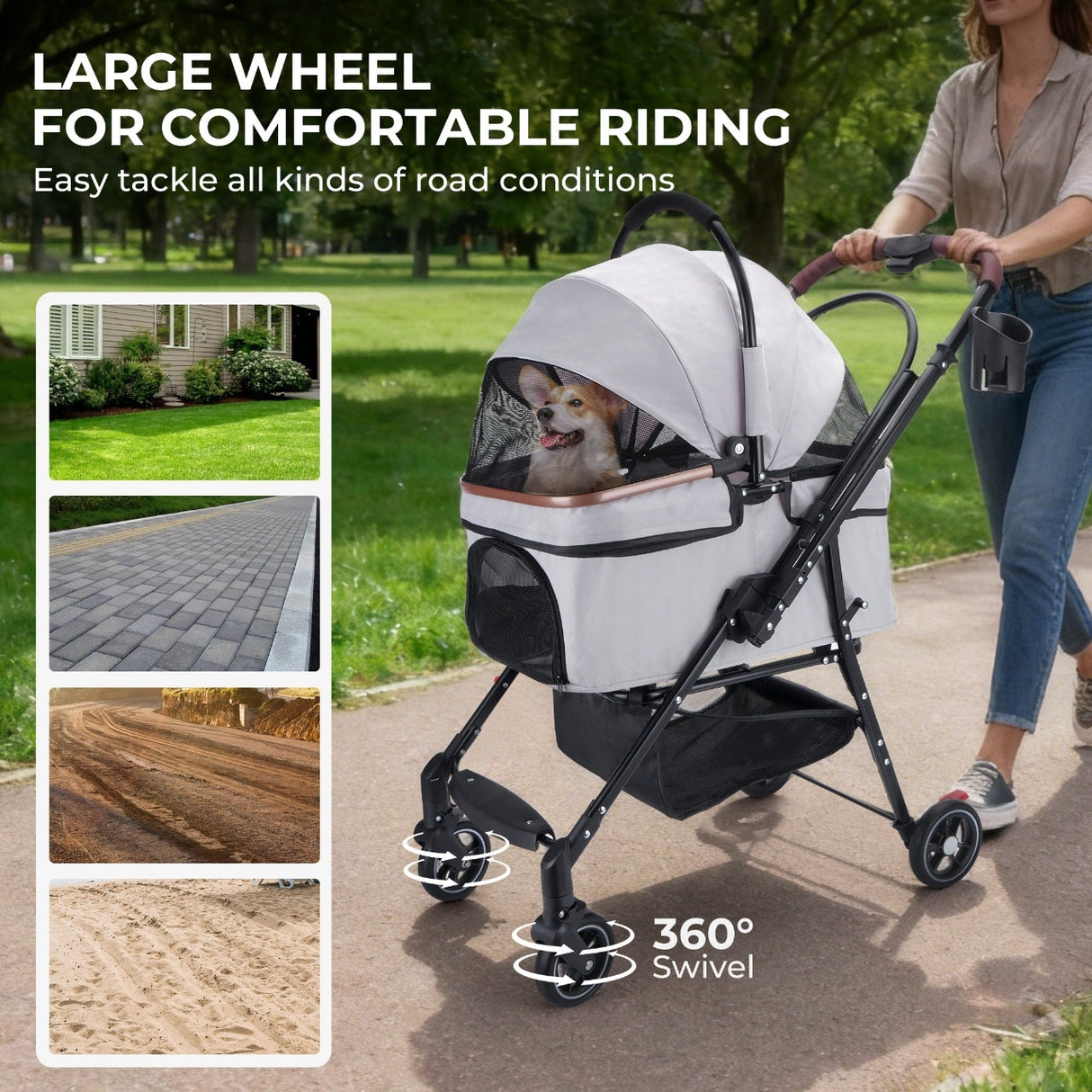 4-Wheel Foldable Pet Stroller for Dogs & Cats with 360° Rotating Wheels