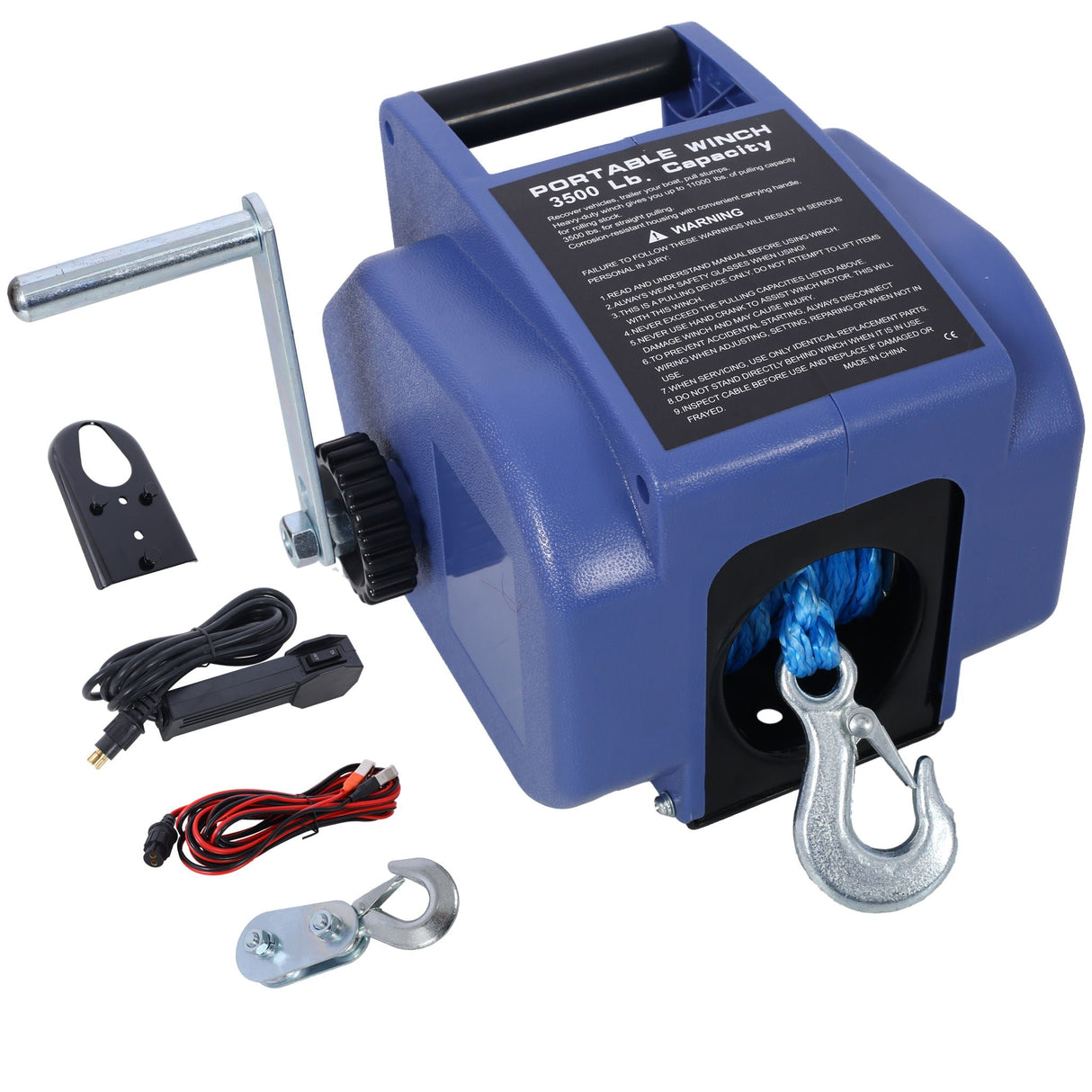 Reversible 12V Electric Trailer Winch for Boats up to 6000 lbs with Synthetic Rope and Extra Pulley Hook - Blue