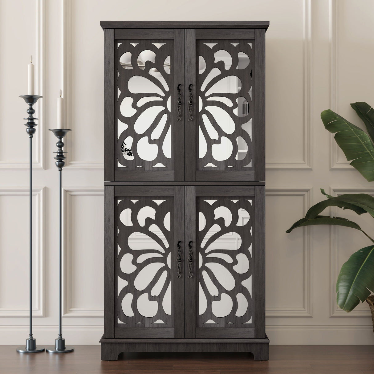 Modern Sideboard Buffet With 4 Mirrored Doors, Adjustable Shelves