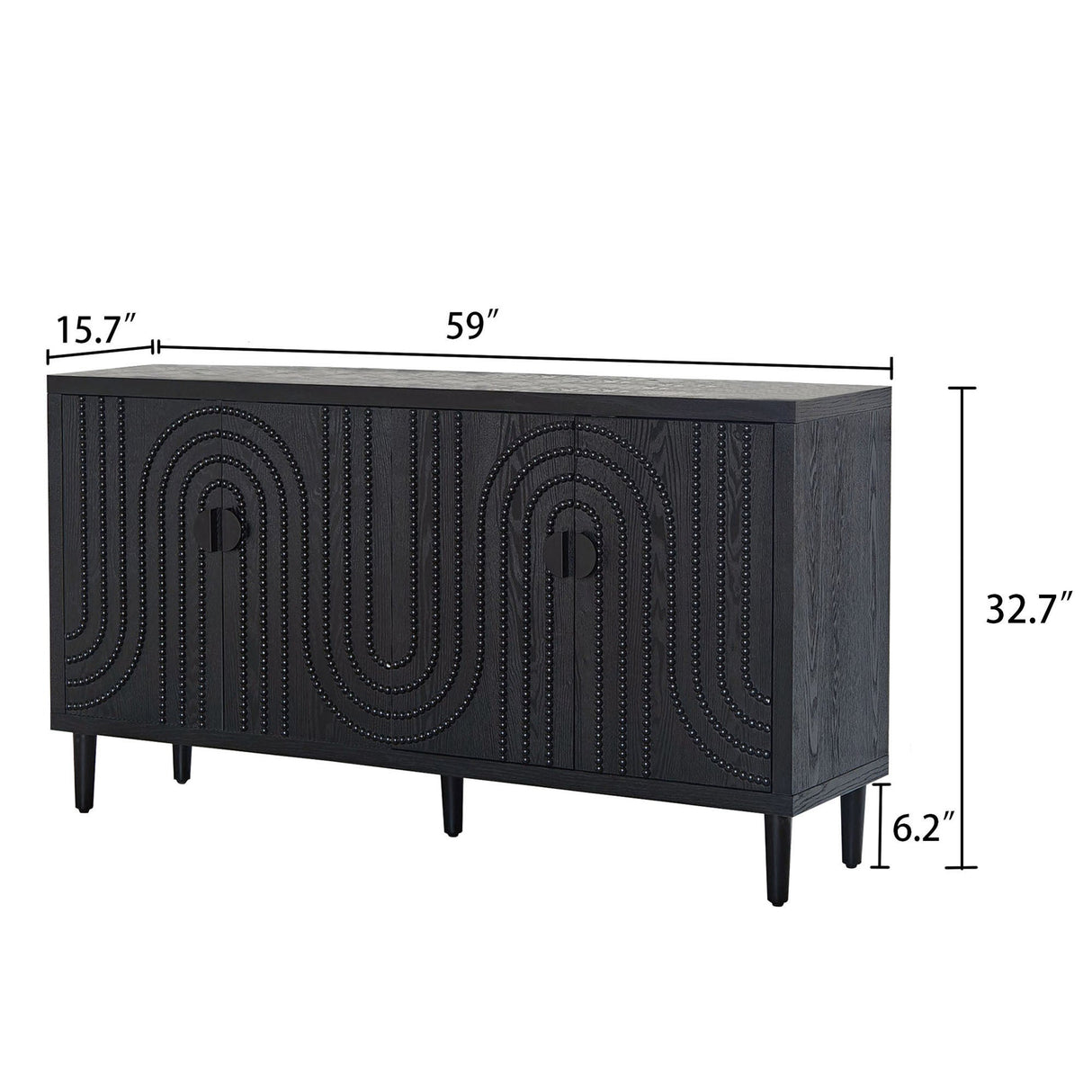 Modern Black Sideboard Cabinet with Decorative Nailhead Accents, Stylish Storage Solution for Dining, Living Rooms