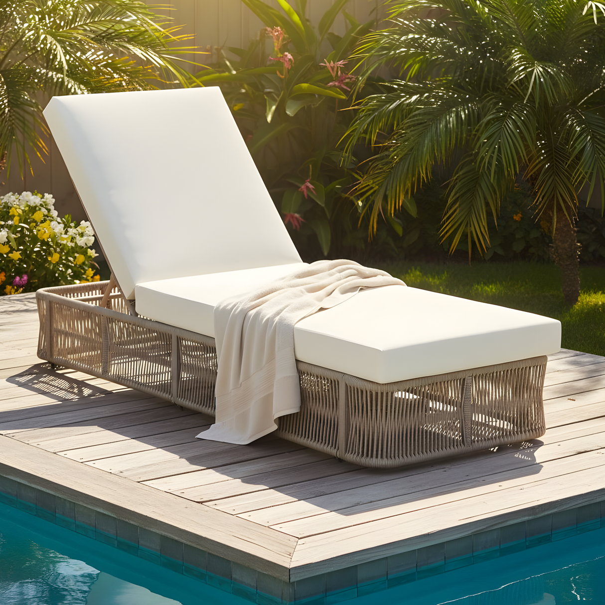 Beige and White Adjustable Sunlounge with Woven Rope Base