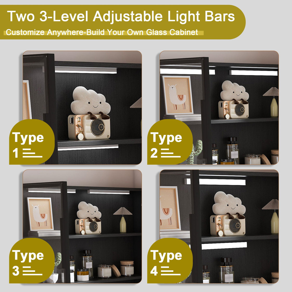 L-Shaped Computer Desk With Glass Cabinets, Built In LED Lights, USB Charging Ports