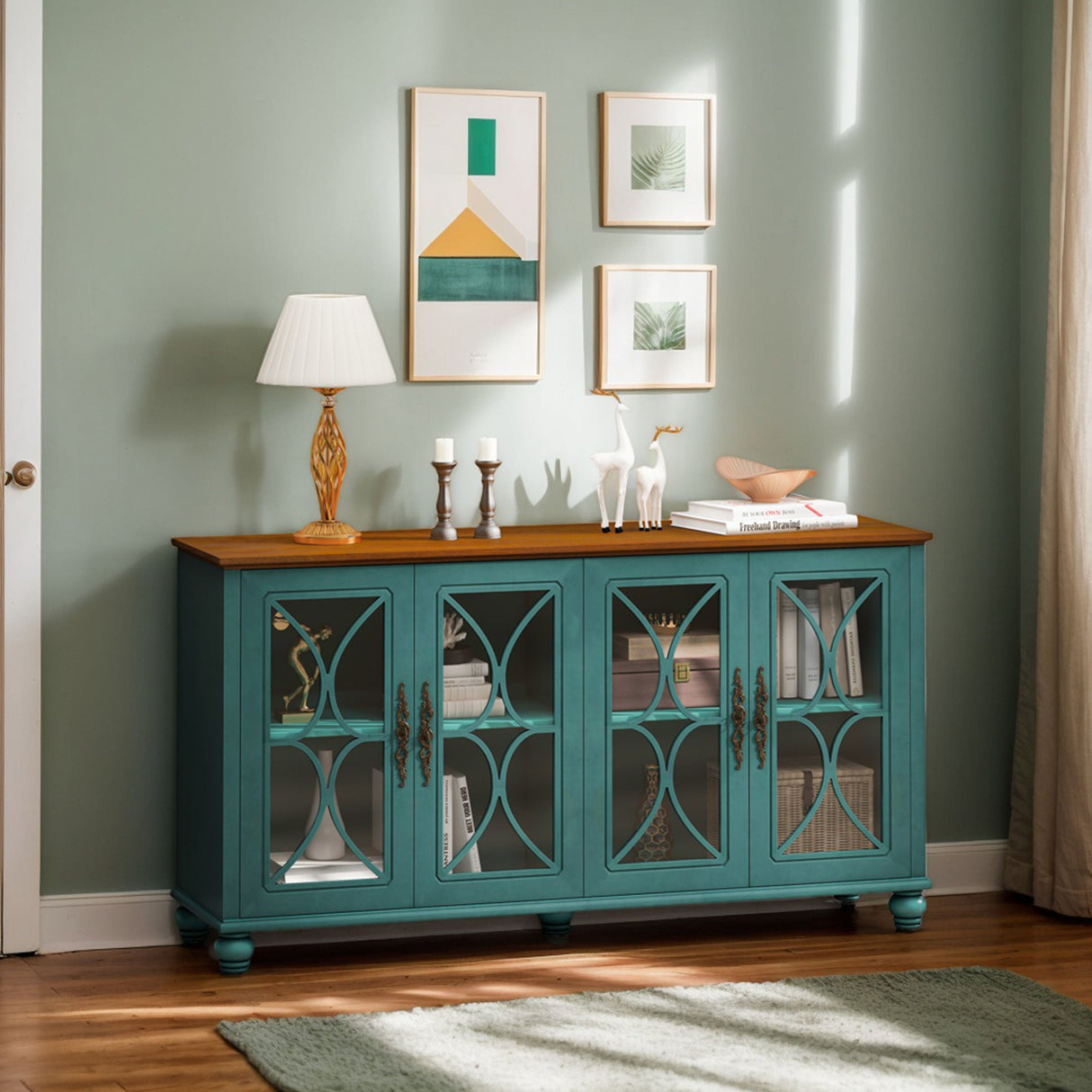Elegant European Antique Style 4-Door Cabinet with Tempered Glass Doors, Dark Green MDF with Wood Veneer and Solid Wood Legs, 59.45L x 15.75W x 31.89H inches