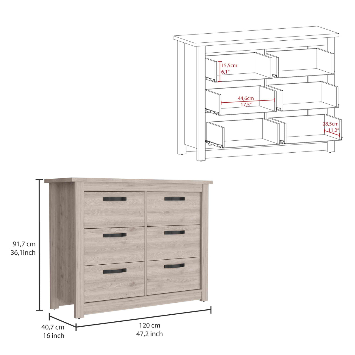 Modern 6-Drawer Dresser with Metal Hardware – Gray Finish