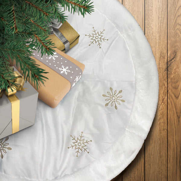 48" Ivory Snowflake Embroidered Tree Skirt with Faux Fur Trim