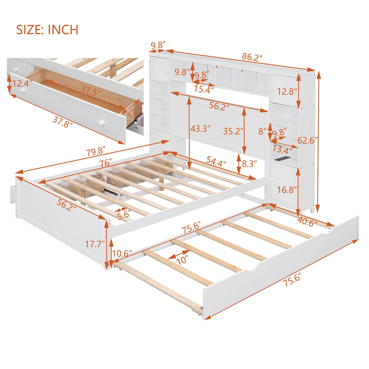 Bed With All In One Cabinet, Shelf And Sockets, Trundle