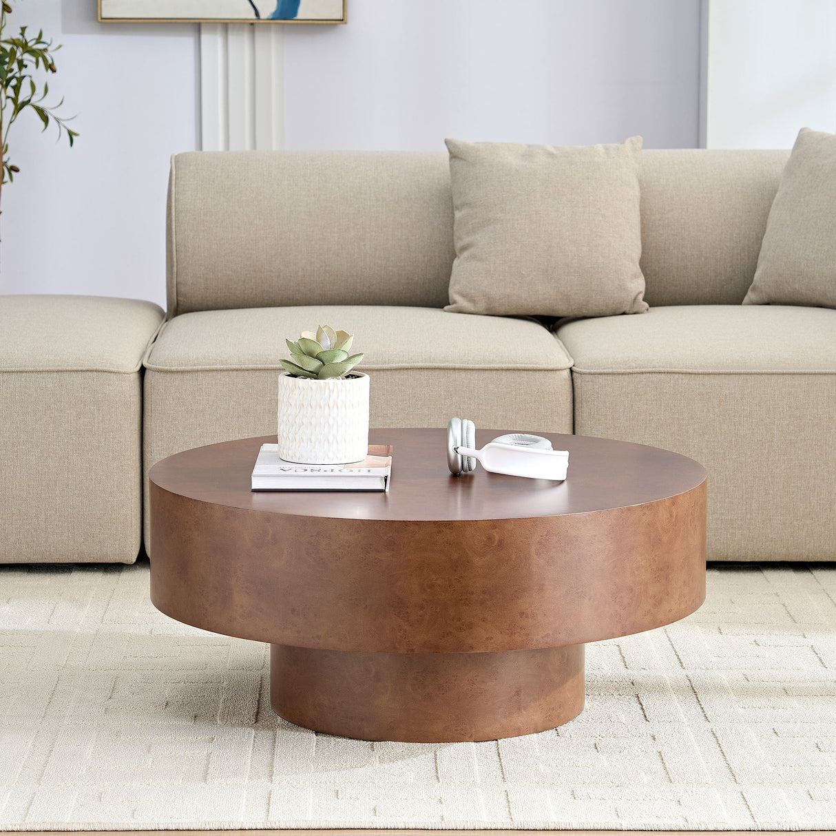 31.49'' Faux Burl Wood Pattern Round Coffee Table with Sturdy Pedestal