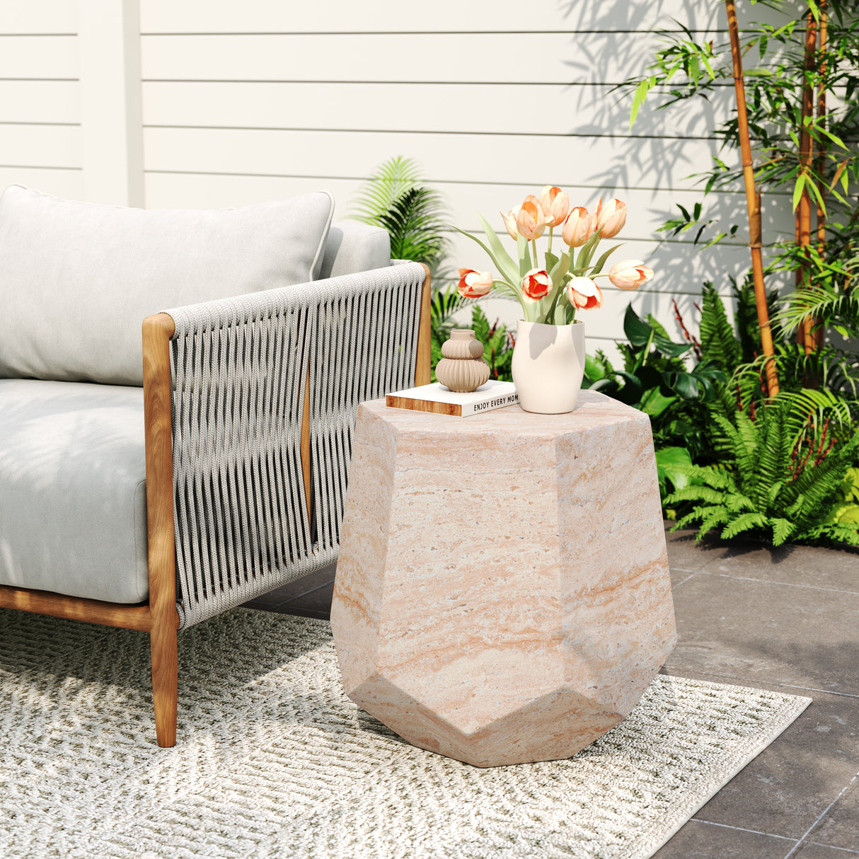 Outdoor/Indoor Lightweight Concrete Side Table with Travertine Finish in Beige